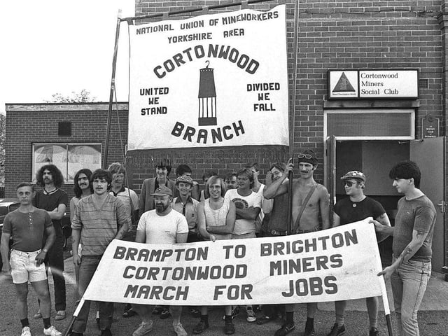 Striking miners from Cortonwood Colliery leaving for the TUC conference in Brighton, in August 1984.