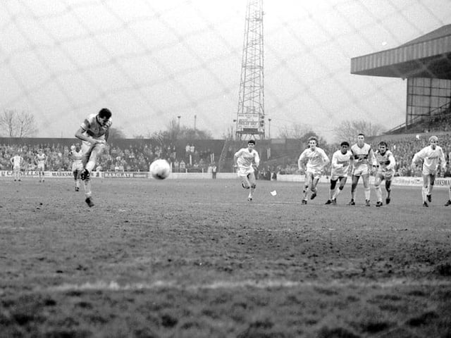 Steve Charles nets a penalty for Mansfield, but Stags lost 3-1 in this April 1988 home clash with Walsall.