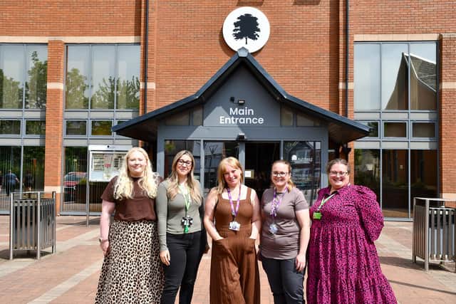 Hosts Ashley Marshall and Sarah Waring with guests Scarlett White, Susan Sctoney, and Bethany Wright outside the Ashfield District Council offices