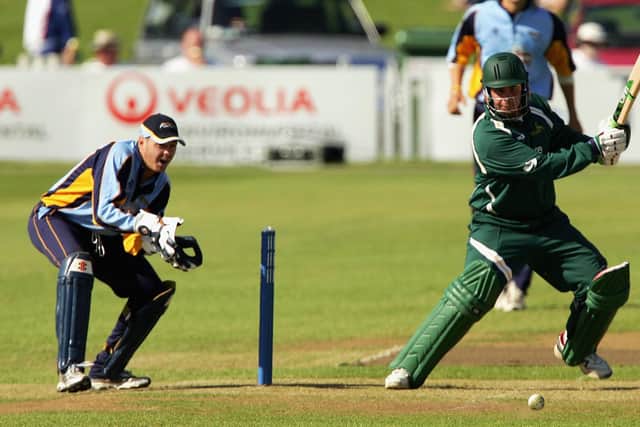 Jason Gallian hits out on the way to his 91 during a Cheltenham and Gloucester Trophy match against Derbyshire in. (Photo by Matthew Lewis/Getty Images)