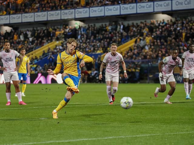 Will Swan tucks away his early penalty during the Carabao Cup 3rd round match against Peterborough United FC at the One Call Stadium, 26 Sept 2023  
Photo credit : Chris & Jeanette Holloway / The Bigger Picture.media