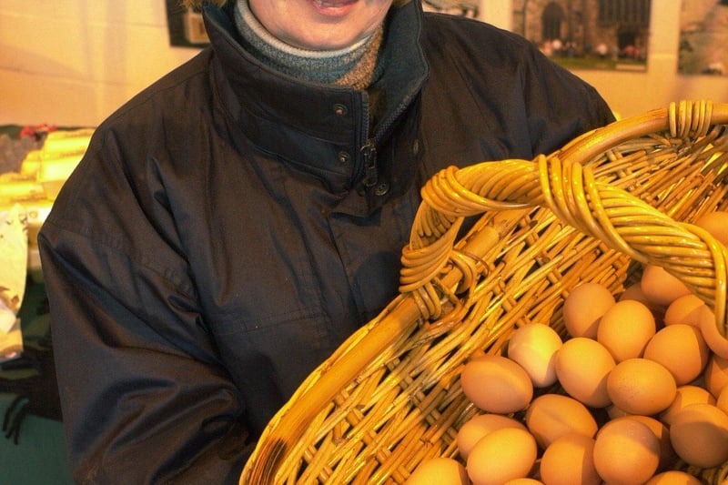 Shirley Buckingham of Mistlehall Farm free range eggs at Bakewell Farmers Market in 2001.