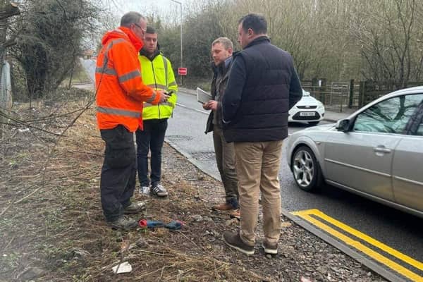 Couns Jason Zadrozny and Tom Hollis meeting with county council flooding bosses on Common Road, Huthwaite. Photo: Submitted
