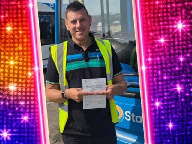 Priscilla cast member Matt Charlton has passed his bus driving test in real life. Photo: Submitted