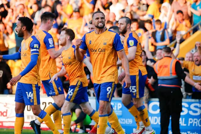 Jordan Bowery celebrates scoring Stags' second goal in the home semi-final leg with Northampton Town.