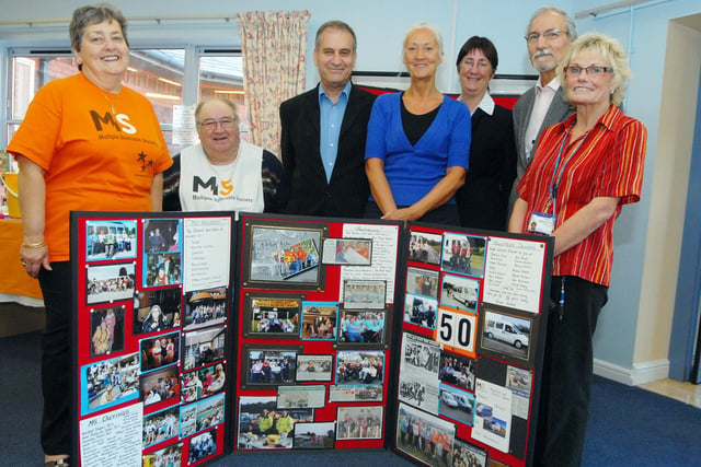MS supporters pictured during an awareness day exhibition held at the Ashfield Community Hospital where the Mansfield and District group also celebrated their 50th anniversary (2010) whilst promoting the work of the rehabilitation ward (Chatsworth). Pictured from left are Lynne and Bob Willetts from the group, Consultant Dr.Talal Stephan, speech and language therapist Margaret White, medical secretary Julie Lawson, Specialist Dr. Mohammed Hasoon and house keeper Sandra Carrington. 2010.