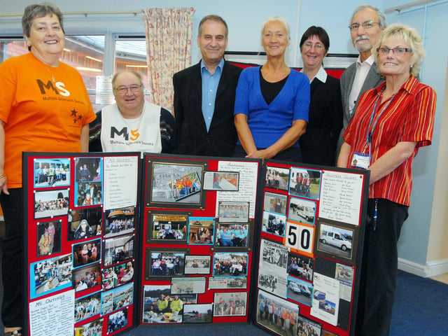 MS supporters pictured during an awareness day exhibition held at the Ashfield Community Hospital where the Mansfield and District group also celebrated their 50th anniversary (2010) whilst promoting the work of the rehabilitation ward (Chatsworth). Pictured from left are Lynne and Bob Willetts from the group, Consultant Dr.Talal Stephan, speech and language therapist Margaret White, medical secretary Julie Lawson, Specialist Dr. Mohammed Hasoon and house keeper Sandra Carrington. 2010.