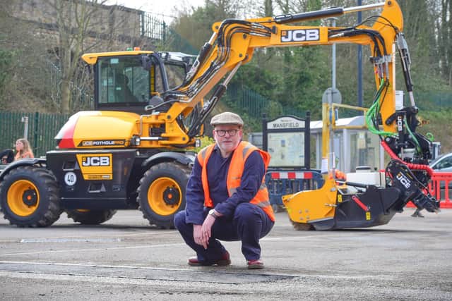 Steve Yemm MP with filled pothole and JCB Pothole machine