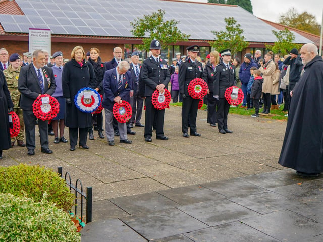 Mansfield Remembrance day. Wreath laying service outside the civic centre.