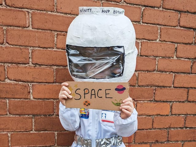 Nolan, age 3, from Mansfield Woodhouse, dressed in a space suit. Nolan was given the word space.