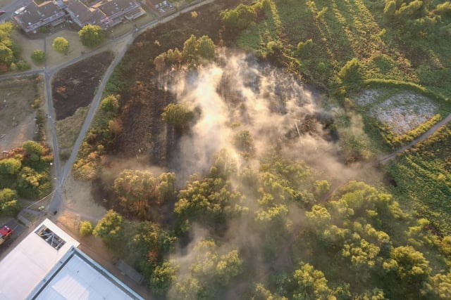 An aerial view of the fire, showing its proximity to Oak Tree Leisure Centre.