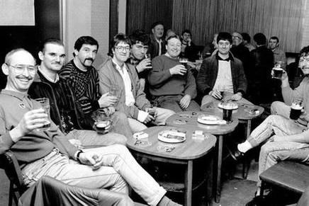 Mansfield Colliery, March 1988 - Miners have a drink in the welfare after their last shift. Mansfield Colliery, also known locally as Crown Farm Colliery or "Crownie" pit, was closed in March 1988 after 83 years of operation. The site was subsequently demolished, with the headstocks pulled down in June 1989.