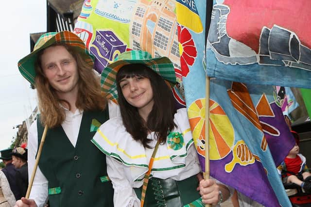 Lia Fox-Griffiths and Jake Greener in costumes showing the Irish heritage of the Island of Montserrat.