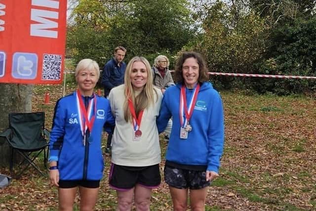 The Mansfield Harriers Masters Female 45 team, left to right Sam Brown, Louise Rowley and Carolyn Hay.