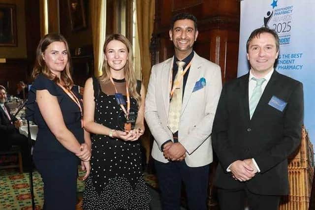 Pictured: Alice Clapham and Hannah Sleeth from Newgate Lane Pharmacy, with Cyrus Hodivala, managing  director of Meditech, the sponsors of the award, and Independent Community Pharmacist editor Neil Trainis.