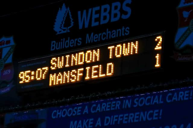 The scoreboard says it all as Mansfield Town suffer an agonising late defeat at Swindon Town on Saturday. Photo by Chris & Jeanette Holloway/The Bigger Picture.media.