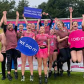 Icicles Junior celebrate after the Cancer Research Pretty Muddy race, including Mia Alexander, front centre in a pink tutu. (Photo by: Nottingham Synchronized Skating Academy)