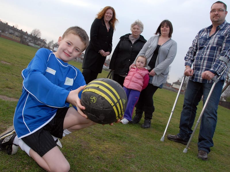 Mansfield Woodhouse resident Kevin Spier, right, is starting an Under 10's Junior Football team supported by County Councillor Joyce Bosnjak, second left, and ward Councillor Ann Norman, third left, pictured with them is 8 year old Mitchell Jennings, left and Kevin's partner Wendy Beresford with her daughter Ellie Williams, centre.