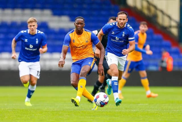 Lucas Akins chases the ball as Mansfield Town win their fruendly at Oldham Athletic on Saturday. Photo by Chris Holloway/The Bigger Picture.media