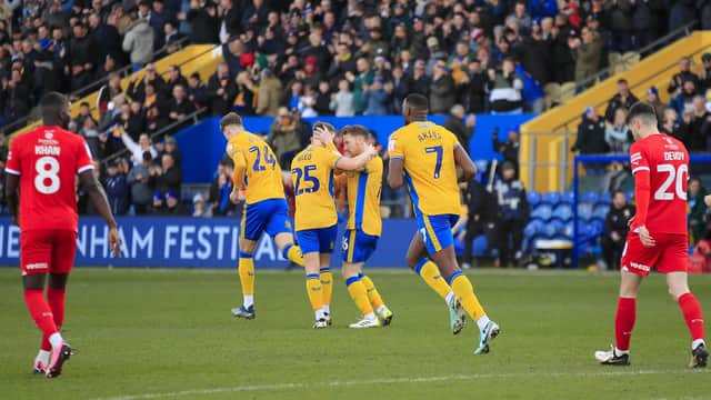 Mansfield Town celebrate the opening goal. Photo credit - Chris & Jeanette Holloway / The Bigger Picture.media