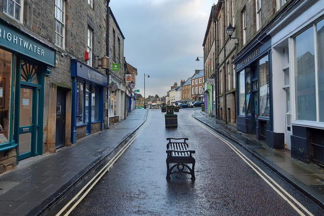 No-one to be seen on pedestrianised Narrowgate in Alnwick.
