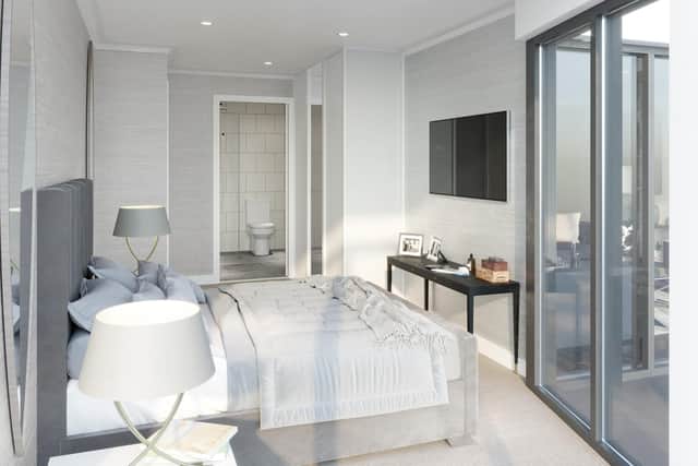 The bedroom in the show apartment.
