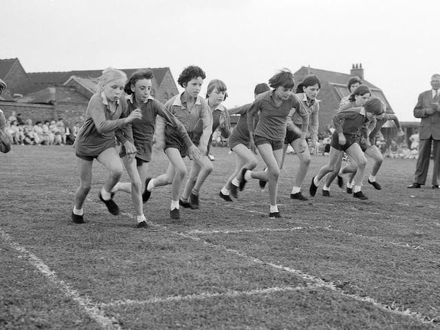 Relay running with a difference at a Newgate Lane School sports day in 1965.