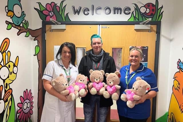 Matthew Randall, a supervisor at Clintons, delivered teddy bears to King's Mill Hospital's neonatal department. Leanne Coupe and Kelly-Marie McFarland received the donations.