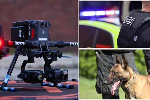 Expert police drivers, a drone pilot and dog handler combined to bring a suspected dangerous driver to heel. Inage: Nottinghamshire Police.