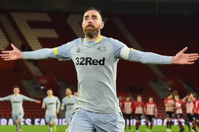 Richard Keogh celebrates netting a penlty for Derby County.