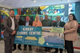 Coun Jason Zadrozny (left) with (from second left), Couns Andy Meakin, Jamie Bell, Rachel Madden, Warren Nuttall, Alderman John Baird and Warren Nuttall at the opening of the leisure centre last year. Photo: Submitted