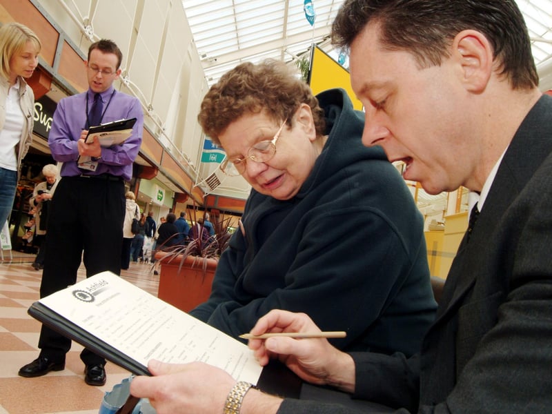 Sutton Idlewells Centre, Ashfield District Council Environmental Health Officers carried out a survey as part of Noise Action Week in 2006. Environmental Health Technician Martin Hickey, right, spoke with Sutton resident Mrs Linda Goddard.