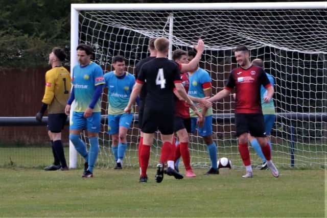 Ollerton celebrate after Brandon Shaw's goal. Pic by Nigel Owen.