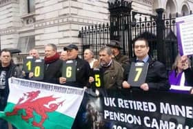 Mick Newton, right, with former mineworkers campaigning for a fairer pensions deal outside Downing Street in 2021.