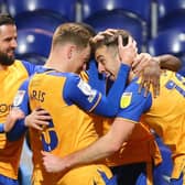 Mansfield Town forward Rhys Oates celebrates his wonder goal with team mates. Photo by Chris Holloway / The Bigger Picture.media