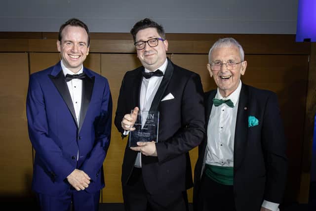 (l-r, Matt Forde, comedian and awards host, Christian Shanley, Clinical Nurse Practitioner, Professor Kevin Gournay CBE, Lifetime Achievement Award winner 2024).