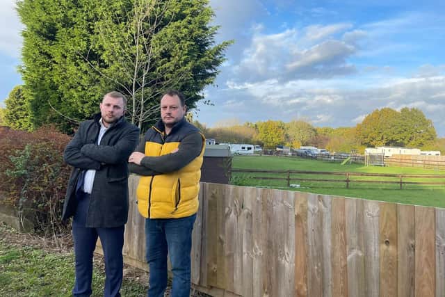 Council leader Jason Zadrozny (right) and deputy leader Tom Hollis next to the proposed Huthwaite travellers site. Photo: Submitted