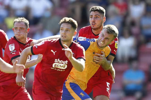 A frustrating afternoon at Leyton Orient for Mansfield Town forward Rhys Oates on Saturday. Photo by Chris Holloway/The Bigger Picture.media.