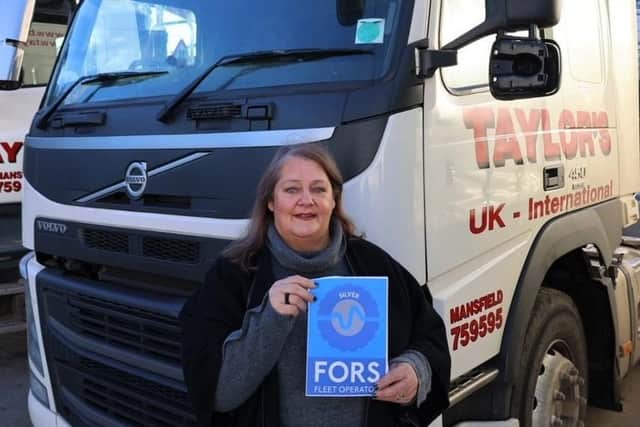 Compliance manager Gaynor Corkhill with the silver FORS certificate at the Taylor's Transport headquarters in Huthwaite.