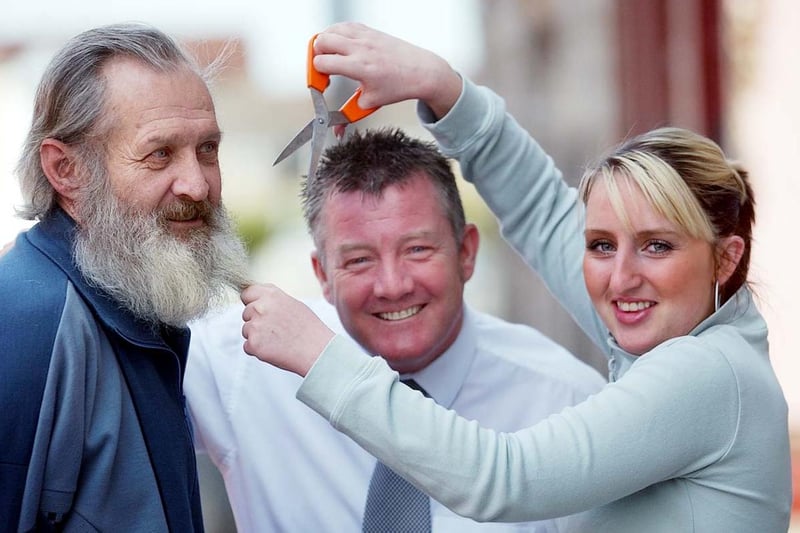 Who remembers this charity beard shave from 17 years ago. Pictured are Billy Kirkwood, Les Watts and Sarah Noble and the money was going to Alice House Hospice.
