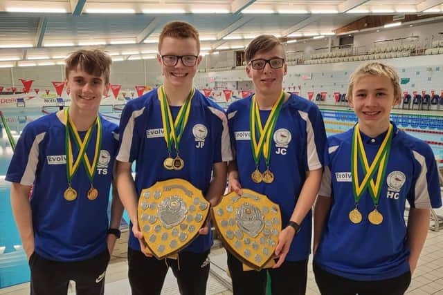 Sutton's  double gold winning relay team - from left:  Thomas Swales, Jack Patterson, Jared Collins and Harrison Clarke.