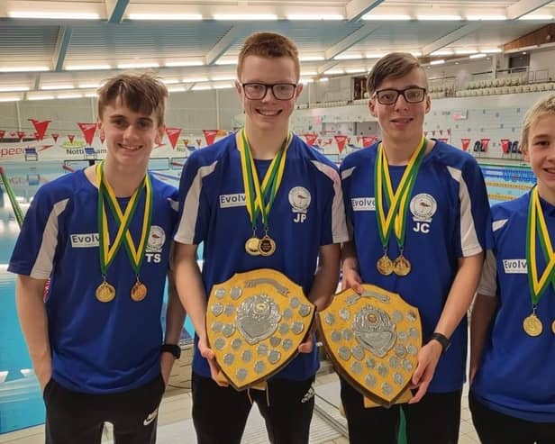 Sutton's  double gold winning relay team - from left:  Thomas Swales, Jack Patterson, Jared Collins and Harrison Clarke.