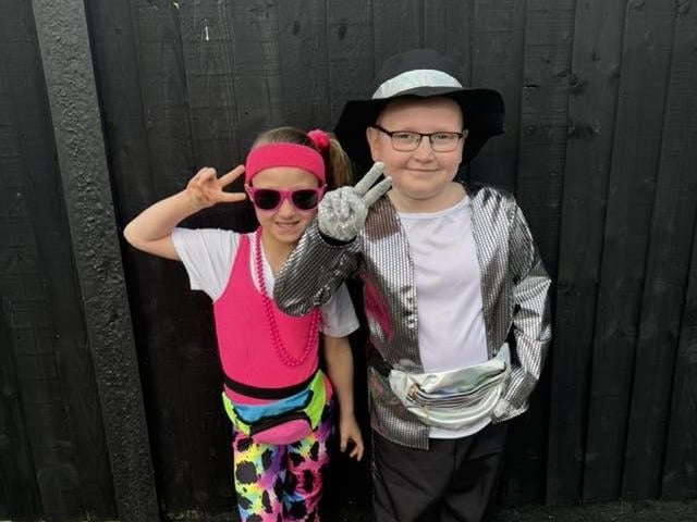 '80s Dress-Up Day in Cuckney. Pictured are Sienna, 8, and Theo, 7.