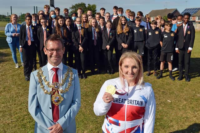 Charlotte Henshaw Mansfields Paralympic and World Paracanoe Champion visits her former school All Saints Catholic Academy. Executive Mayor Andy Abrahams and Charlotte Henshaw with year 9\10 PE students.