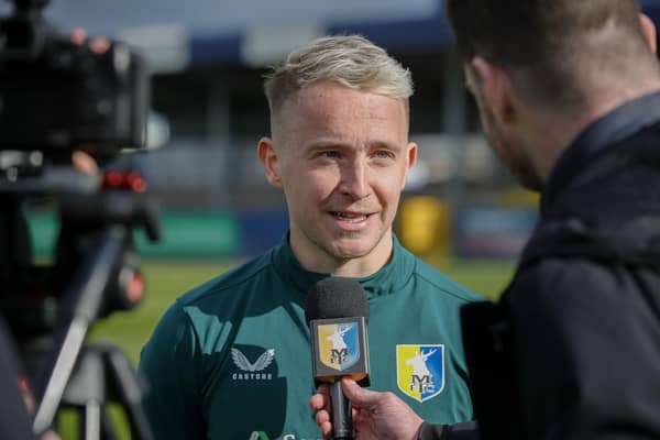Louis Reed speaks after the Sky Bet League 2 draw against Barrow AFC at the SO Legal Stadium, 27 April 2024Photo credit : Chris & Jeanette Holloway / The Bigger Picture.media