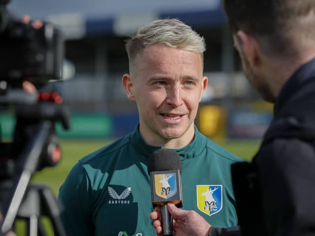 Louis Reed speaks after the Sky Bet League 2 draw against Barrow AFC at the SO Legal Stadium, 27 April 2024Photo credit : Chris & Jeanette Holloway / The Bigger Picture.media