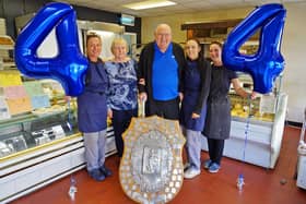 Phil Rawson of the PH & M Rawsons Bakery Ladybrook celebrating 45 years in business and his 76 birthday. L-R Donna Robinson, Maureen Rawson, Pjil Rawson, Molly Evans, Trudie Blanche.