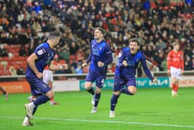 Aaron Lewis celebrates his winner during the Sky Bet League 2 match against Barnsley FC at the Oakwell Stadium, 26 December 2025. Photo Chris & Jeanette Holloway / The Bigger Picture.media