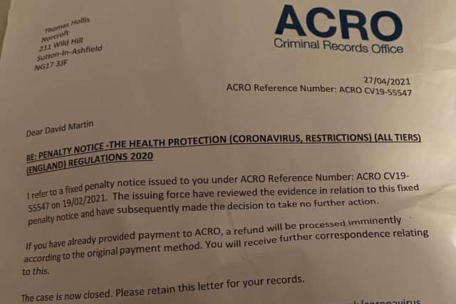 The letter sent by the Criminal Records Office, withdrawing the fixed penalty notices for the two councillors.