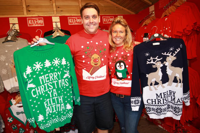 Sheffield Christmas Market 2016. Pictured with their stall of Christmas jumpers are Jonas Barwick and Chantelle Stoke.